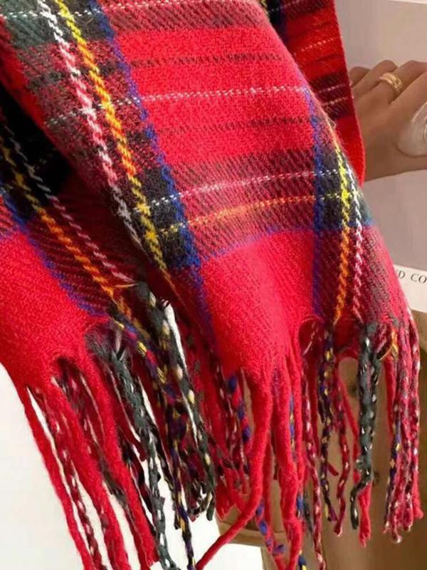 Women's Plaid Pattern Tassel Decor Scarf, 2024 New Style Casual Soft Warm Thick Shawl for Fall & Winter, Fashion Accessories for Women & Girls Dainty Gift for Your Love