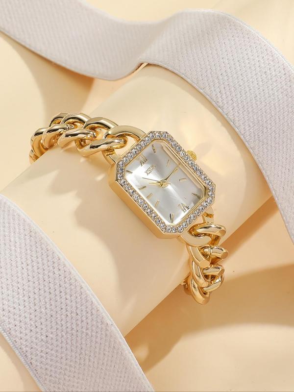 Women's Elegant Quartz Watch with Chain Design Band, Fashionable Rectangle Dial Watch for Women & Girls, Trendy  Exquisite Accessories for Gift without Box