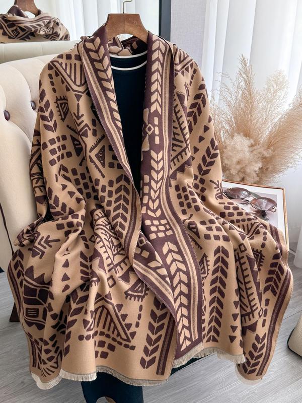Women's All Over Geometric Print Double Sided Thickened Shawl, Casual Soft Warm Long Scarf for Fall & Winter, Fashion Accessories for Daily Wear