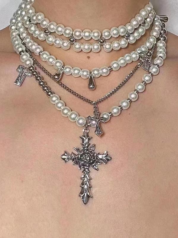Women's Elegant Faux Pearl Decorated Layered Necklace, Vintage Trendy Cross Pendant Necklace, Chic Jewelry As Gift for Girlfriend