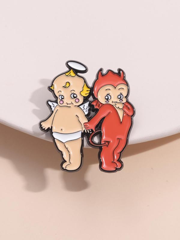 Cute Couple Design Brooch, Fashion Alloy Badge for Clothes, Creative Cartoon Angel & Devil Design Brooch, Fashion Accessories for Women & Men