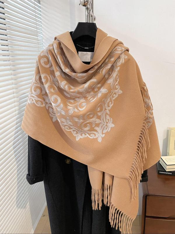 Boho Style Ethnic Pattern Tassel Decor Shawl, Casual Warm Scarf for Fall & Winter, Fashion Accessories for Women