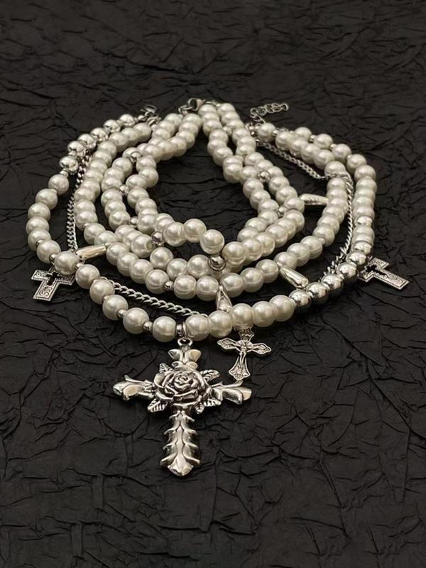 Women's Elegant Faux Pearl Decorated Layered Necklace, Vintage Trendy Cross Pendant Necklace, Chic Jewelry As Gift for Girlfriend