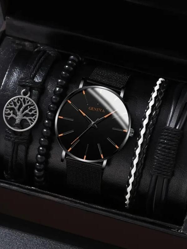 Men's Business Fashion Round Dial Analog Quartz Watch & Tree of Life Charm Bracelet Set, without Box, Fashion Watch Set for Party, Daily Decor, Trendy All-match & Exquisite Watch Set for Birthday Gift