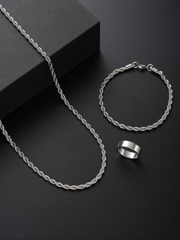 Simple Plain Braid Design Chain Necklace & Bracelet & Ring (3pcs), Fashion Jewelry for Party, Daily Clothing Decor, Trendy All-match & Exquisite Jewelry for Birthday Gift