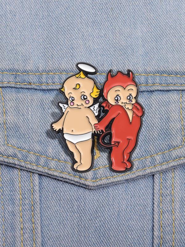 Cute Couple Design Brooch, Fashion Alloy Badge for Clothes, Creative Cartoon Angel & Devil Design Brooch, Fashion Accessories for Women & Men