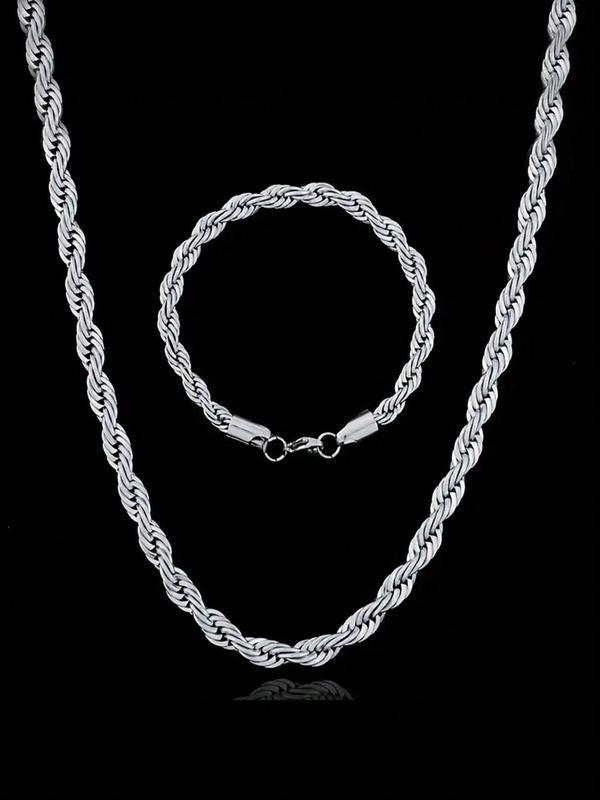 Simple Classic Stainless Steel Rope Chain Necklace & Bracelet (1 Set), Fashion Jewelry for Party, Daily Clothing Decor, Trendy All-match & Exquisite Jewelry for Birthday Gift