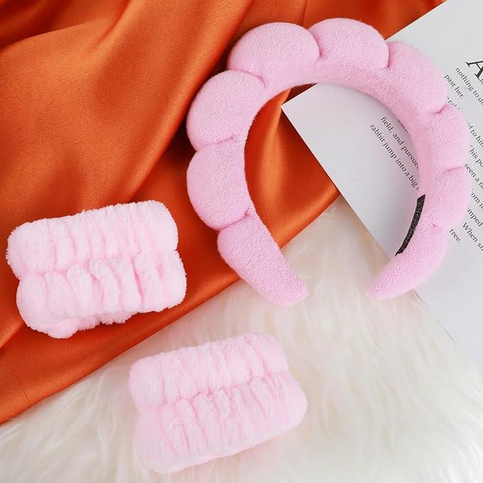 3pcs Skincare Headbands for Women, Sponge Makeup Headband Set, Spa Headband for Washing Face Wristband Set, Puffy Headwear for Makeup Removal Hair Accessories Terry Cloth Hair Band