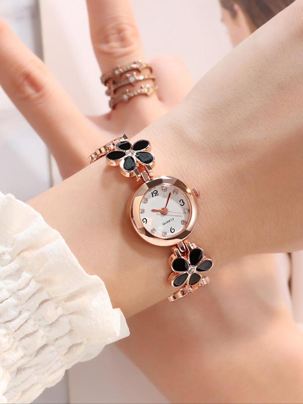 Women's Elegant Flower Design Quartz Watch, Fashionable Rhinestone Decor Analog Watch for Women & Girls, Trendy All-match Watch As Gift without Box