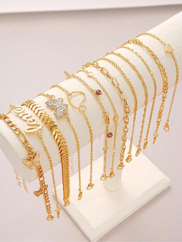 Women's Elegant Rhinestone Decorated Heart & Butterfly Design Anklet, Exquisite Trendy Anklet, Fashionable Jewelry for Women & Girls