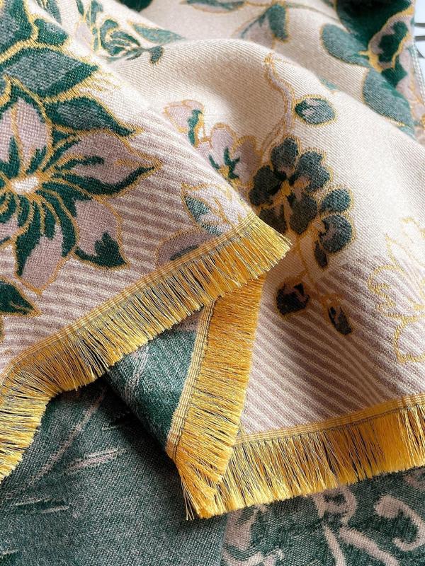 Boho Style Floral Print Fringe Trim Shawl, Casual Soft Warm Double Sided Scarf for Fall & Winter, Fashion Accessories for Women & Men