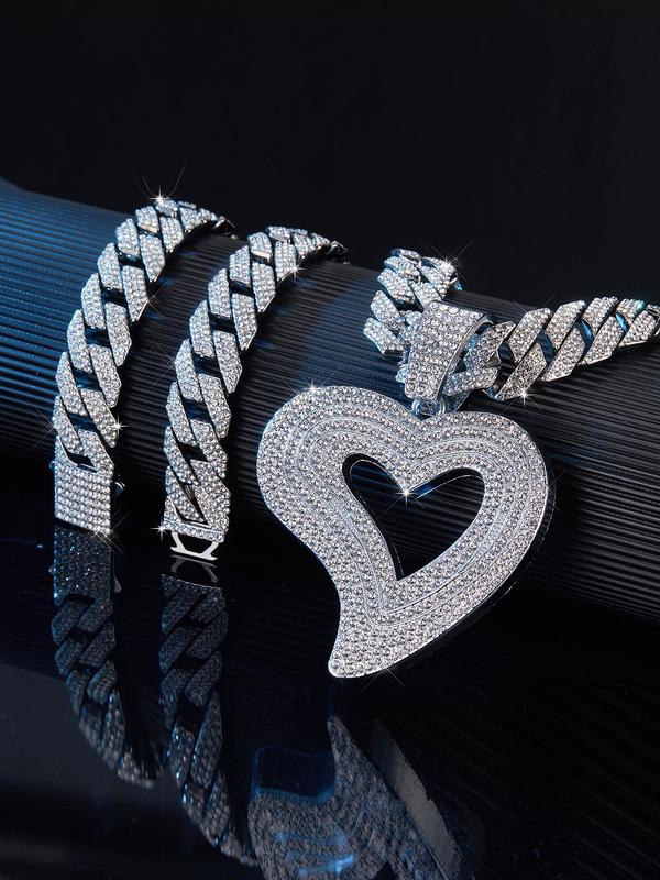 Heart Shaped Rhinestone Decorated Jewelry Set, Including Dangle Necklace & Stud Earrings, Elegant Jewelry Set for Party, Daily Clothing Decor for Girl,  Gift for Girlfriend