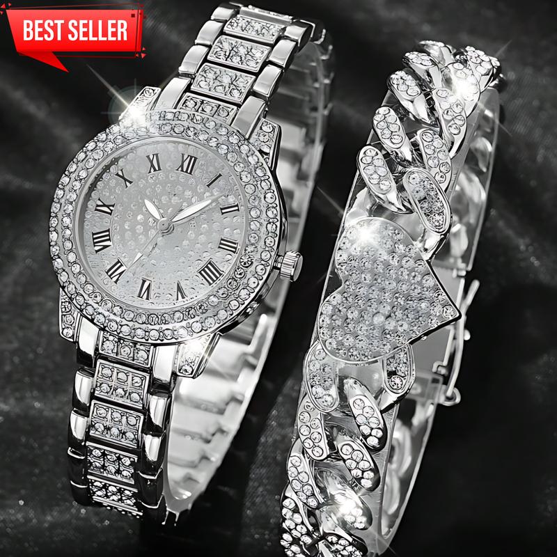 Set of 2 s925 women's watches with letter pattern dial and heart shaped bracelet, suitable for daily wear and as a gift