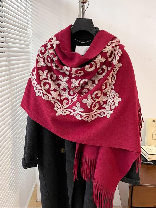 Boho Style Ethnic Pattern Tassel Decor Shawl, Casual Warm Scarf for Fall & Winter, Fashion Accessories for Women