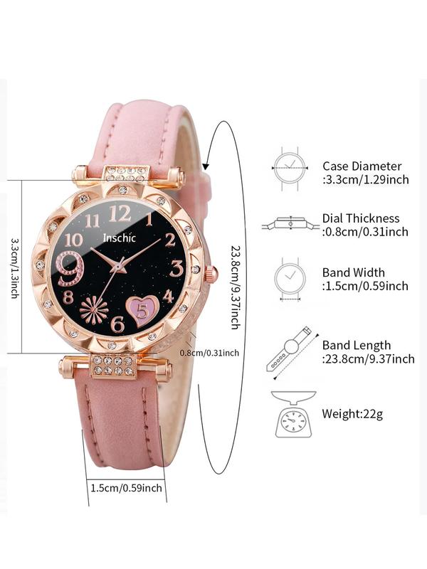 Elegant Wristwatch & Jewelry Set, Business Watch & Rhinestone Decor Heart Design Stud Earrings & Ring & Pendant Necklace & Bracelet, Chic Gorgeous Watch Set without Box As Gift