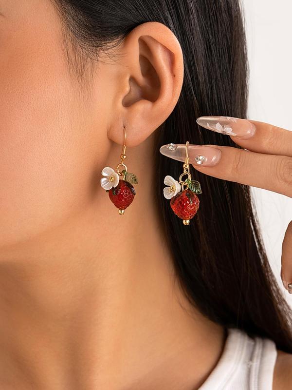 Cute Strawberry Design Dangle Earrings for Women & Girls, Fashion Floral Drop Earrings, Cute Summer Jewelry Accessories