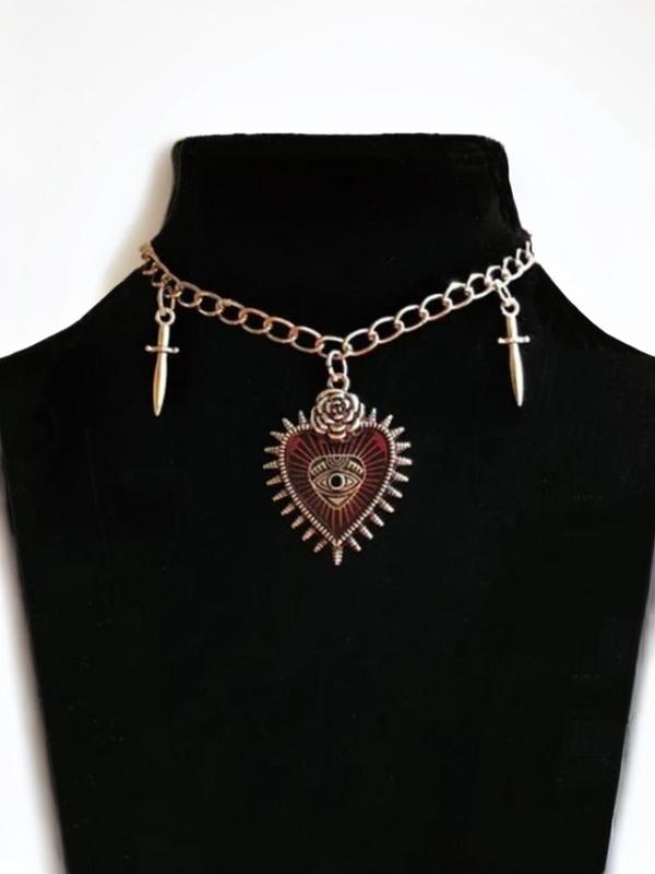 Retro Gothic Heart-shaped Rose Flower Decoration Pendant Necklace, Double Sword Pendant Chain Pendant Necklace, Clavicle Chain Necklace for Party Y2K