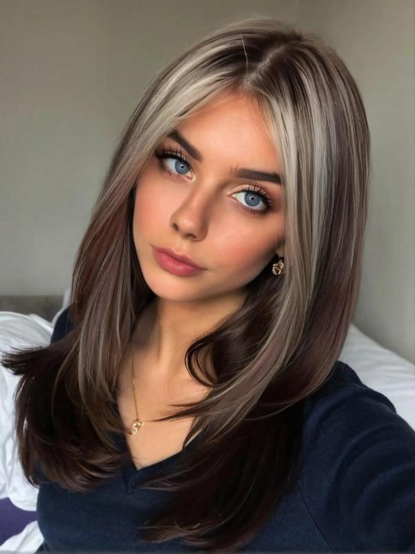 20 Inch Ombre Layered Cut Wigs for Women, Gorgeous Fluffy Straight Wigs with Curtain Bangs, Synthetic Full Machine Wigs for Party, Daily Use