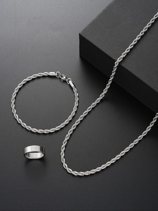 Simple Plain Braid Design Chain Necklace & Bracelet & Ring (3pcs), Fashion Jewelry for Party, Daily Clothing Decor, Trendy All-match & Exquisite Jewelry for Birthday Gift