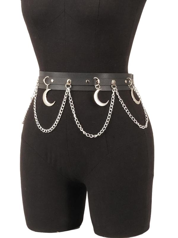 Women's Punk Style Moon Design Chain Belt, Fashion Gothic Style Pu Leather Belt for Party, Daily Clothing Decor, Trendy All-match Belt for Outfit Matching