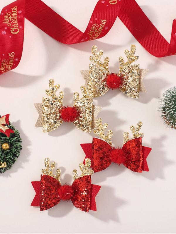 Cute Reindeer Antler & Bowknot Design Hair Clips, Glitter Hair Accessories for Women & Girls, Fashion Hair Accessories for Party, Daily Clothing Decor