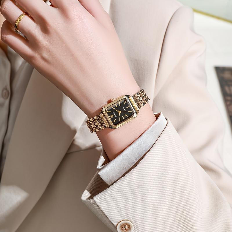Glamorous Womens Business Quartz Watch - Precise Analog Dial with Stylish Rectangle Case - Fashion-Forward Golden Timepiece for Daily Wear