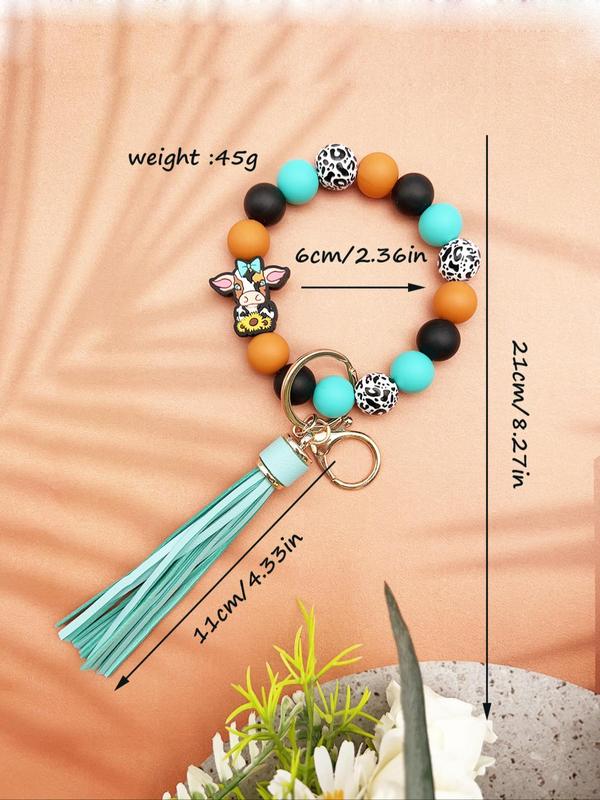 Boho Style Cute Cow & Flower Design Beaded Keychain, Tassel Decor Keychain for Women & Men for Daily Decor, Trendy All-match & Exquisite Keychain for Birthday Gift
