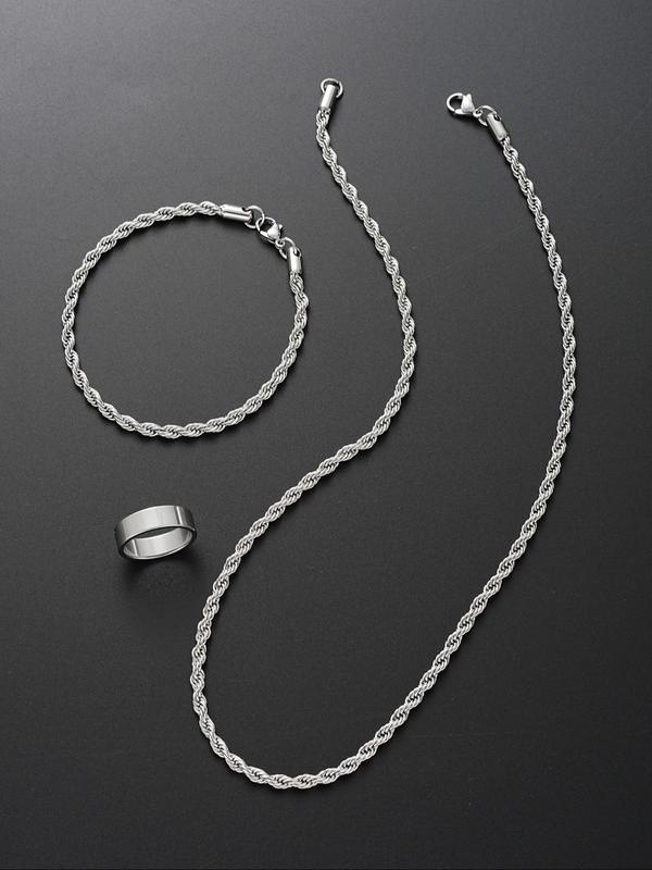 Simple Plain Braid Design Chain Necklace & Bracelet & Ring (3pcs), Fashion Jewelry for Party, Daily Clothing Decor, Trendy All-match & Exquisite Jewelry for Birthday Gift
