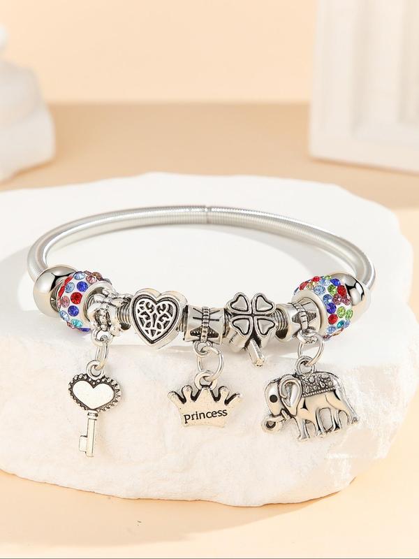 Cute Elephant & Heart & Crown & Key & Four Leaf Clover Charm Bangle, Fashion Jewelry for Party, Daily Clothing Decor, Trendy All-match & Exquisite Jewelry for Birthday Gift