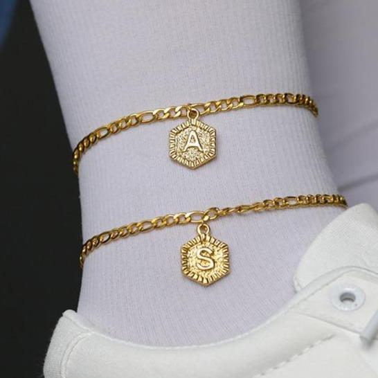 Gold Exquisite Daily Simple Casual High Polished Unisex Initial Letter A to Z Water Bracelet Anklet