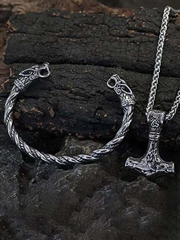 Vintage Viking Wolf Head Design Bangle & Hammer Pendant Necklace Set, New Trendy Matching Jewelry Set for Gift, Hip Hop Punk Classic Fashion Accessories
