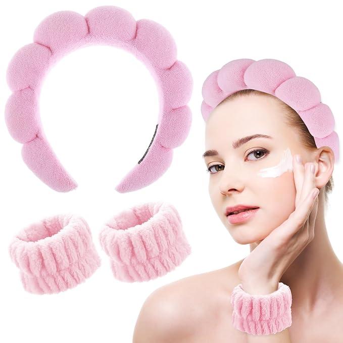 3pcs Skincare Headbands for Women, Sponge Makeup Headband Set, Spa Headband for Washing Face Wristband Set, Puffy Headwear for Makeup Removal Hair Accessories Terry Cloth Hair Band