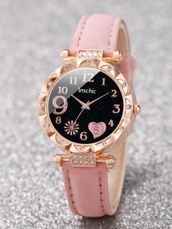 Elegant Wristwatch & Jewelry Set, Business Watch & Rhinestone Decor Heart Design Stud Earrings & Ring & Pendant Necklace & Bracelet, Chic Gorgeous Watch Set without Box As Gift