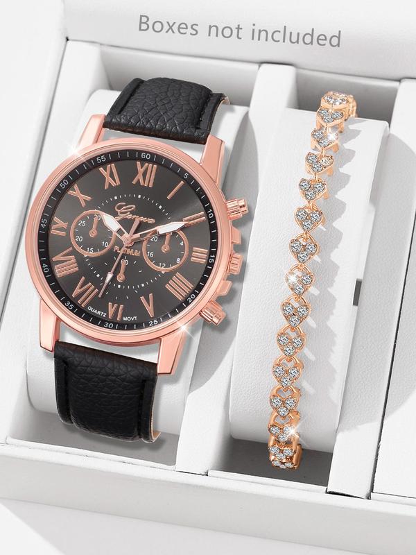 Women's Elegant Watch & Rhinestone Decorated Bracelet, Exquisite Trendy Wristwatch & Heart Shape Bracelet, Fashionable Watch Set As Gift Without Box