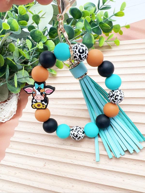Boho Style Cute Cow & Flower Design Beaded Keychain, Tassel Decor Keychain for Women & Men for Daily Decor, Trendy All-match & Exquisite Keychain for Birthday Gift