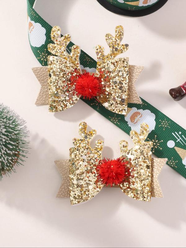 Cute Reindeer Antler & Bowknot Design Hair Clips, Glitter Hair Accessories for Women & Girls, Fashion Hair Accessories for Party, Daily Clothing Decor