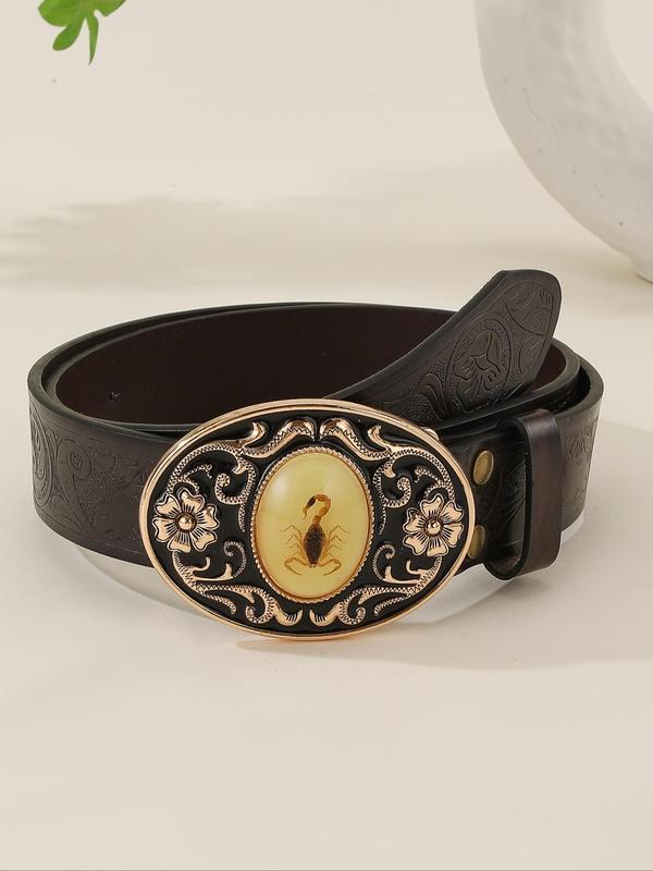 Flower Decorated Pu Leather Belt, Vintage Insect Pattern Designer Belt for Men, Pu Leather Buckle Belt Clothes Accessories for Daily Wear, Cowboy Western Style Accessories