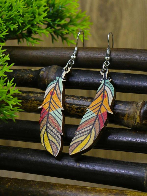 Boho Style Feather Design Pendant Necklace & Dangle Earrings, 3pcs set Colorful Wood Pulp Fiber Jewelry Set for Women and Ggirls, Casual Resort Style Jewelry for Travel and Daily Wear