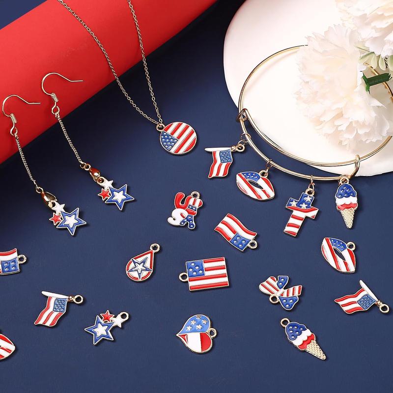 72PCS American Flag Charms, 12 Styles Patriotic Memorial Day Enamel Charms for Necklace Bracelets Earring Making, USA Flag Star & Heart Charm Ornament, Red White Blue Charm for DIY Jewelry
