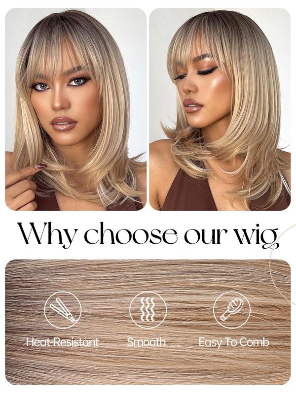 16 Inch Ombre Blonde Shoulder-length Straight Layered Wigs for Women, Gorgeous Fluffy Wigs with  Bangs, Heat Resistant Synthetic Wigs for Party, Daily Use