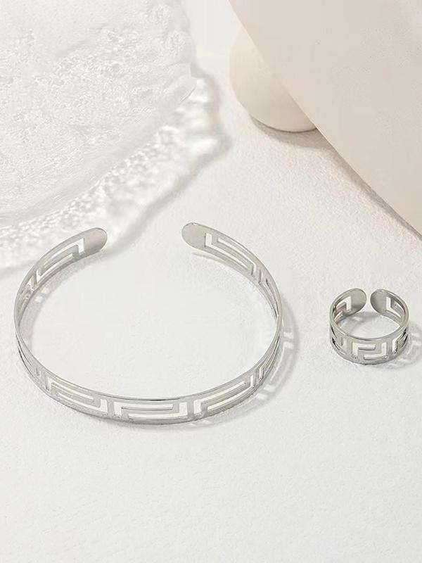 New Texture Hollow out Design Stainless Steel Ring & Bracelet, 2pcs Fashion Jewelry for Party, Daily Clothing Decor, Trendy All-match & Exquisite Jewelry for Birthday Gift