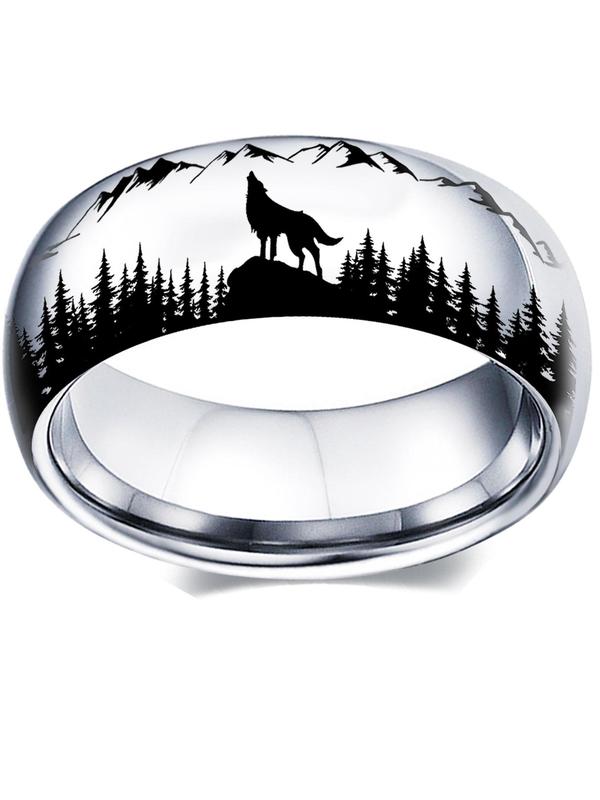 Men's Wolf Print Stainless Steel Ring, Colorblock Landscape Pattern, Black & White Fashion Accessories for Daily Decoration