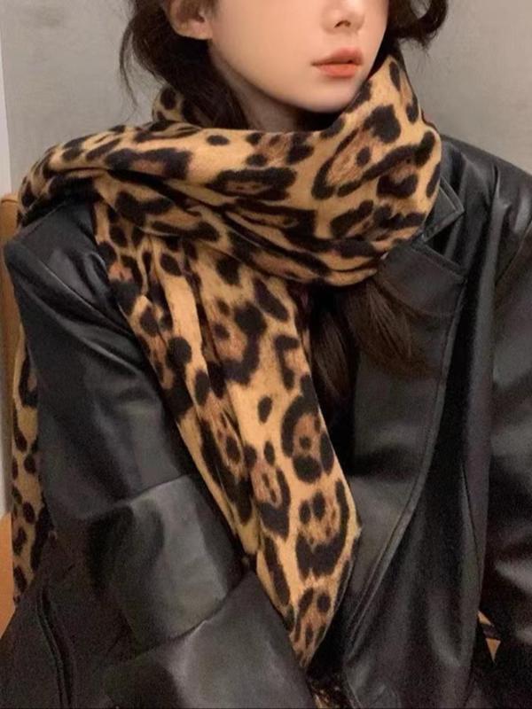 Women's Leopard Print Thickened Scarf, Fashionable Soft Tassel Decor Warm Shawl for Fall & Winter, Casual Versatile Scarf for Women & Girls
