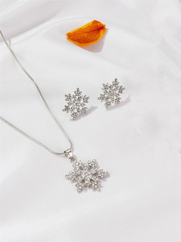 Women's Elegant Rhinestone Decor Christmas Snowflake Design Jewelry Set, Exquisite Trendy Pendant Necklace & Stud Earrings, Chic Jewelry Set for Party & Daily Decor