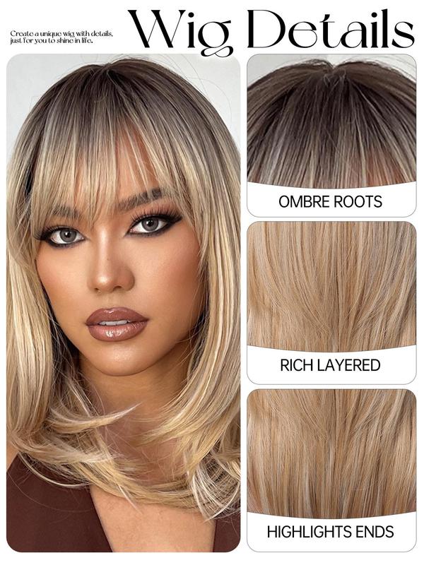 16 Inch Ombre Blonde Shoulder-length Straight Layered Wigs for Women, Gorgeous Fluffy Wigs with  Bangs, Heat Resistant Synthetic Wigs for Party, Daily Use