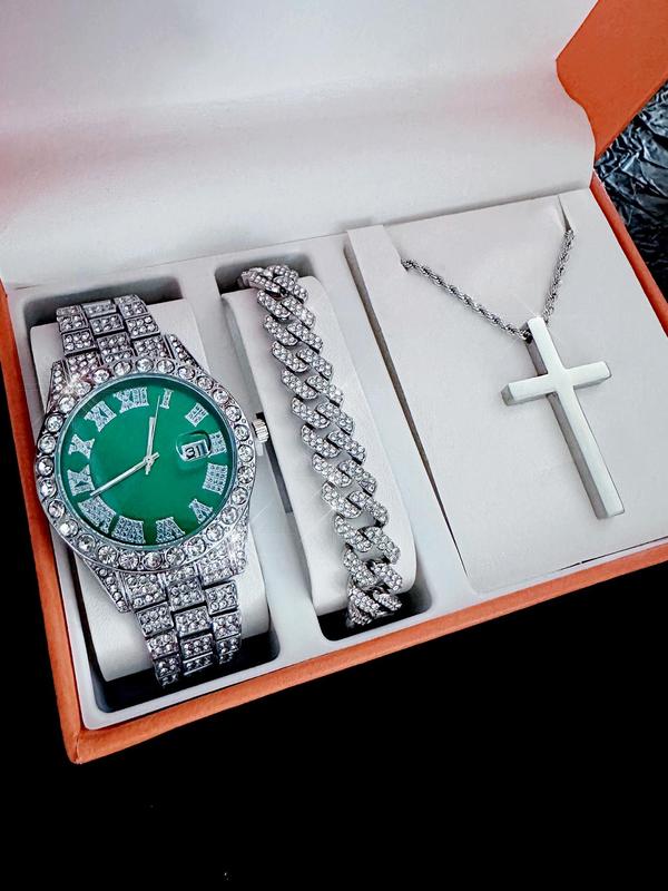 Men's Elegant Rhinestone Decorated Watch & Bracelet & Cross Pendant Necklace, Fashion Watch Set for Party, Daily Decor, Trendy All-match & Exquisite Watch Set for Birthday Gift with Box