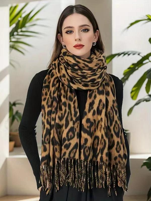 Women's Leopard Print Thickened Scarf, Fashionable Soft Tassel Decor Warm Shawl for Fall & Winter, Casual Versatile Scarf for Women & Girls
