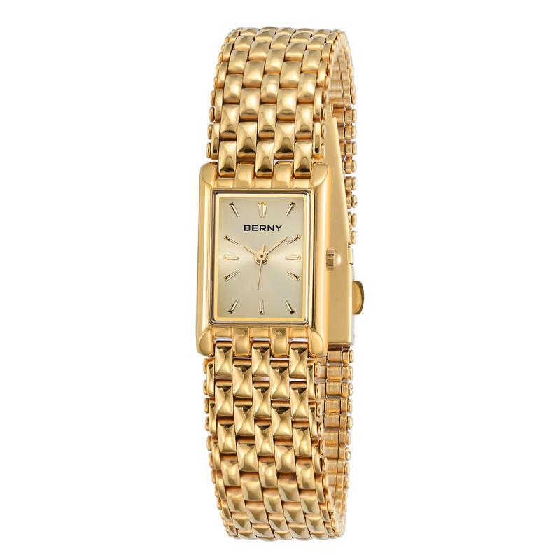 BERNY Gold Watch for Women Vintage Ladies Square Quartz Wristwatch All Stainless Steel High Quality Womens Dainty Tiny Luxury Casual Fashion Waterproof Bracelet Watches