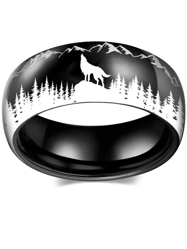 Men's Wolf Print Stainless Steel Ring, Colorblock Landscape Pattern, Black & White Fashion Accessories for Daily Decoration