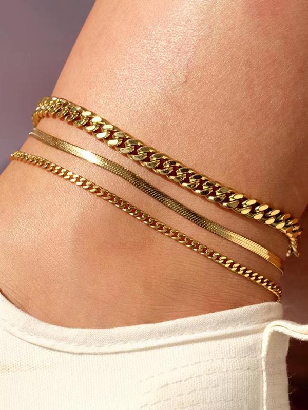 3pcs Simple Plain Stainless Steel Chain Anklet, Fashionable and Personalized for Daily Clothing Decor, Party, Minimalist Aesthetic Jewelry As Gift